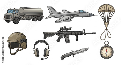 Collection of Military Equipment and Gear Illustration.
