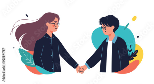 Man and woman shake hands in front of colorful abstract leaves and shapes to symbolize a successful agreement, partnership, or new deal.