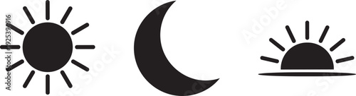 Minimalist black silhouette icons of sun, moon, and sunrise or sunset symbols, representing daytime, nighttime, weather, and universal concept of time in vector illustration design.