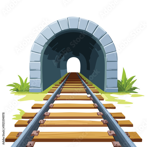 Cartoon railroad tunnel perspective view on white