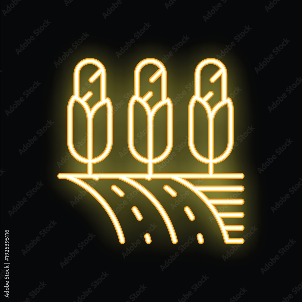Naklejka premium Yellow neon icon representing corn cobs growing in a field, evoking agriculture and farming