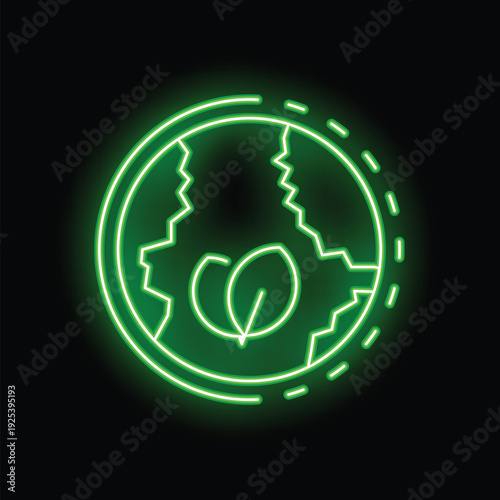 Neon green icon of planet earth cracking with a small sprout growing in the center symbolizing climate change and global warming