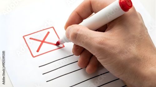 Hand holding red marker marking checkbox with a big X