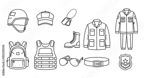 Collection of Military and Police Uniform and Equipment Icons.