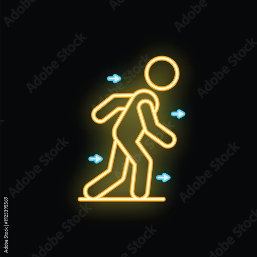 Neon sign icon of a human body with arrows showing direction of movement, perfect for illustrating biomechanics, kinesiology, physiotherapy, or sports science