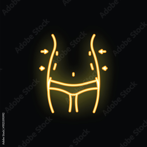 Neon glowing icon of a woman body getting slimmer with arrows pointing body fat loss