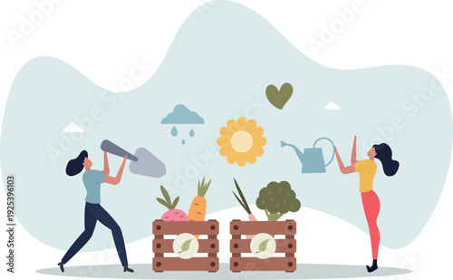 Organic farming as grow food with sustainable method .flat vector illustration.person's life situation and his activities.