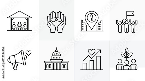 Set of eight line icons for business and social concepts