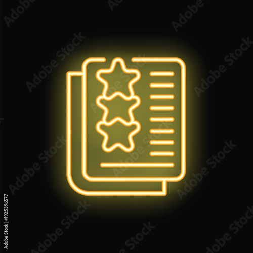 Neon sign icon of a document with three stars above it, representing customer feedback and satisfaction