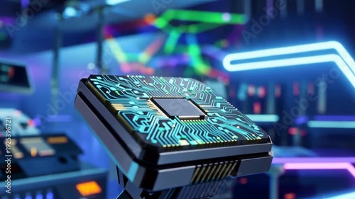 Close-up of a microchip with a vibrant circuit board design, held in a futuristic laboratory setting with neon-lit equipment in the background, possibly used for technology or innovation concepts