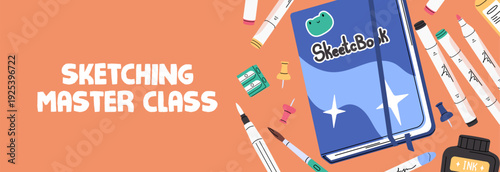 Sketching master class web banner design. Advertising template of drawing school. Promotion layout with painting supplies, art tools, kids' stationery for creativity. Flat vector illustration.