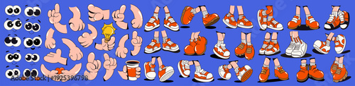 Cartoon face groovy with comic character retro and walk hand leg. Arm sticker shoe with eye cartoon cute and vector set design. Kit icon cartoon with smile mouth comic and face expression character.
