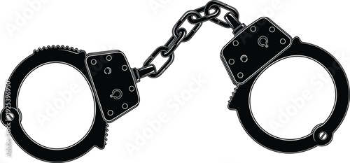 Police handcuffs connected by chain isolated on white background for crime and law enforcement concept