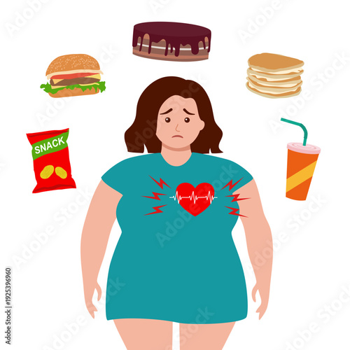 Unhealthy obesity woman with heart disease and junk food around.