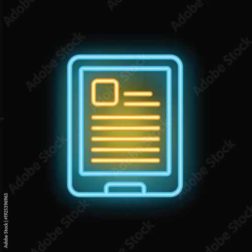 Neon sign depicting a smartphone screen showing text and a picture, on a black background