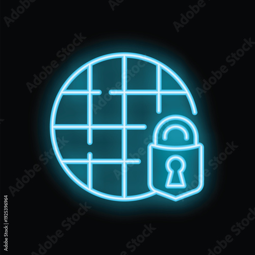 Neon icon of a padlock securing a globe, symbolizing cybersecurity and data protection in the digital age