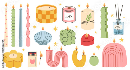 Set of trendy handmade scented candles. Various Candles and matches. Pillar, jar candle, square, container candle, multi wick. Decorative wax candles for relax and spa.
