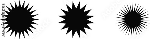 A minimalist illustration of three black sunburst designs on a white background