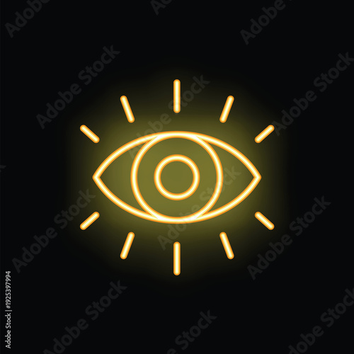 Neon eye shining with bright yellow light on a black background, perfect for attracting attention to any design