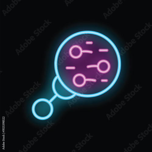 Vibrant neon icon depicting a magnifying glass examining a molecular structure, representing scientific research and analysis