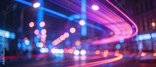 Abstract blur of city lights at night with streaks of neon purple and blue light trails
