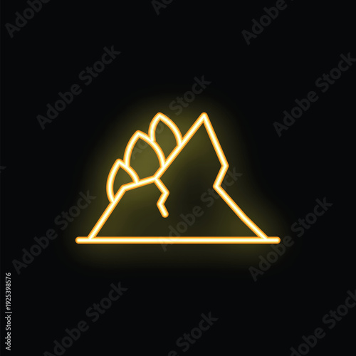 Yellow neon style icon representing a landslide disaster is isolated on a black background