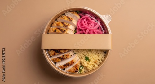 Healthy Grilled Chicken and Couscous Takeout Bowl with Blank Label