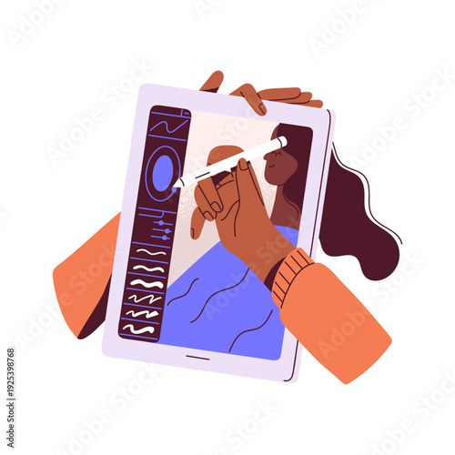 Illustrator, painting on tablet, drawing woman character. Hand with digital pen, brush. Professional 2d artist create picture. Art hobby or work isolated flat vector illustration on white background.
