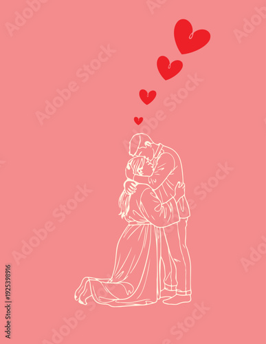 Couple kneeling embrace with floating hearts illustration