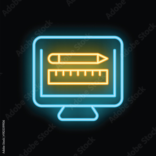 Neon icon of a computer screen displaying a pencil and ruler, representing graphic design software