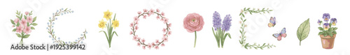 Watercolor spring floral clipart set with wreaths bouquets, butterfly pansy. Collection of Vector illustrations. Perfect for invitation, card, poster, banner, decoration
