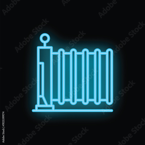 Bright neon blue icon of an automatic sliding gate glowing on a black background
