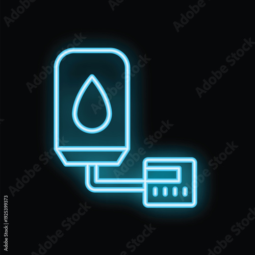 Blue neon glowing symbol of a drip irrigation system representing precision agriculture and water conservation