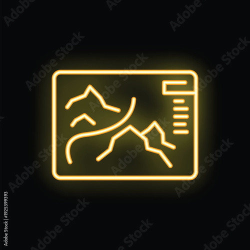 Neon glowing icon of a gps device displaying a map with mountains and trails