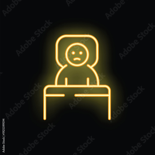 Yellow neon icon of an unhappy office worker sitting at their desk