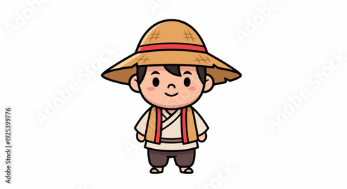 Cartoon illustration of a smiling young boy wearing a traditional Asian conical hat and colorful clothing on a white background.