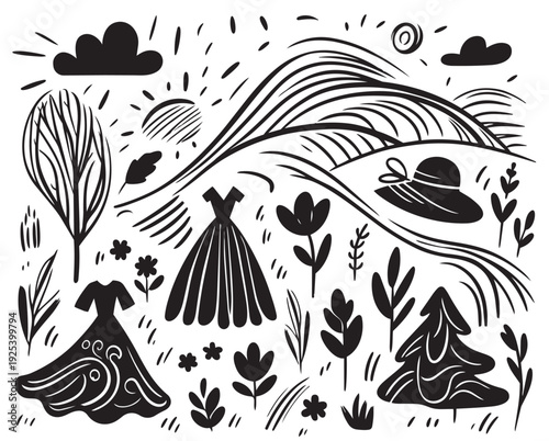 black cartoon abstract primitive flat doodles sketch spring fashion landscape