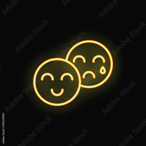 Neon sign illustrating the concept of happiness and sadness with two faces showing opposite emotions