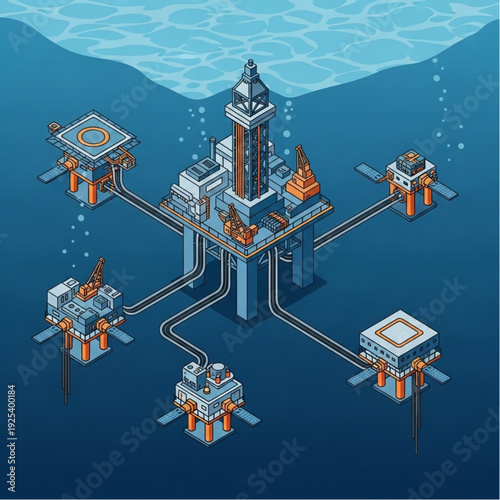 Offshore oil rig platform with connected extraction units in the ocean.