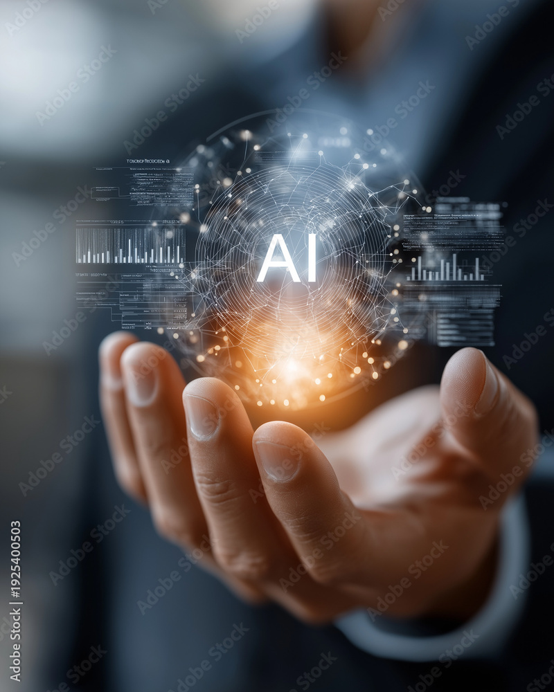 Obraz premium Hand Holding AI Sphere: A person's hand cradles a glowing AI sphere, symbolizing the convergence of human and artificial intelligence, showcasing technological progress.