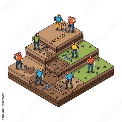 Isometric illustration of construction workers on different terrain levels.