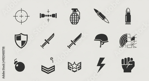 Collection of military and combat icons in silhouette.