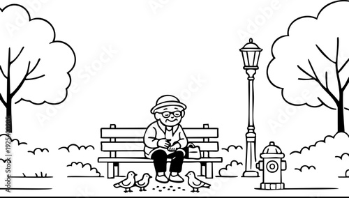 A cheerful line art illustration of an elderly person happily feeding birds on a park bench, featuring a lamppost and trees, conveying a peaceful and heartwarming mood.