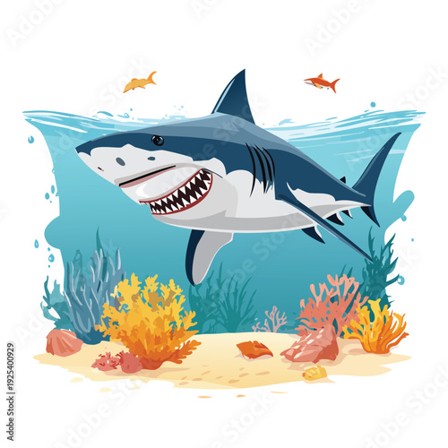 Cartoon shark swims in clear blue water with coral
