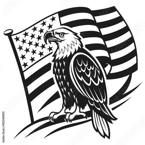 Proud bald eagle perched before a waving American flag, a strong symbol of patriotism, freedom, and national pride for USA-themed designs.