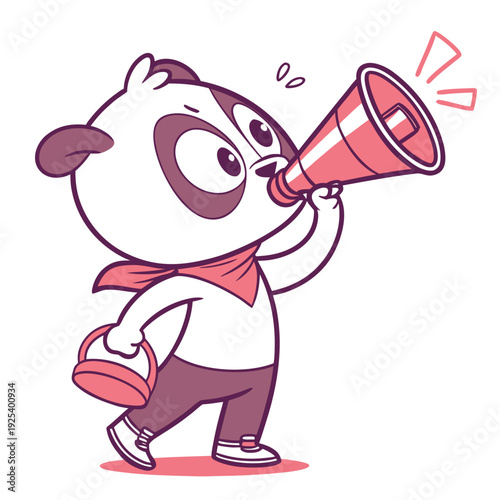 Adorable cartoon panda with a megaphone and bucket, announcing something exciting with a cheerful vibe. Great for promotions and fun announcements.