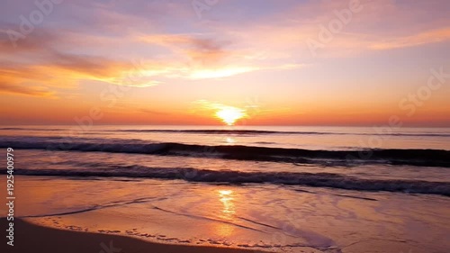 Serene beach at sunset with gentle waves reflecting vibrant orange and pink hues in the calm water