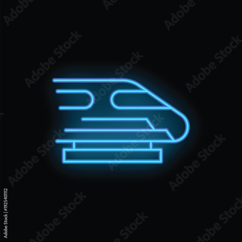 Blue neon icon of a modern high speed train speeding through the night
