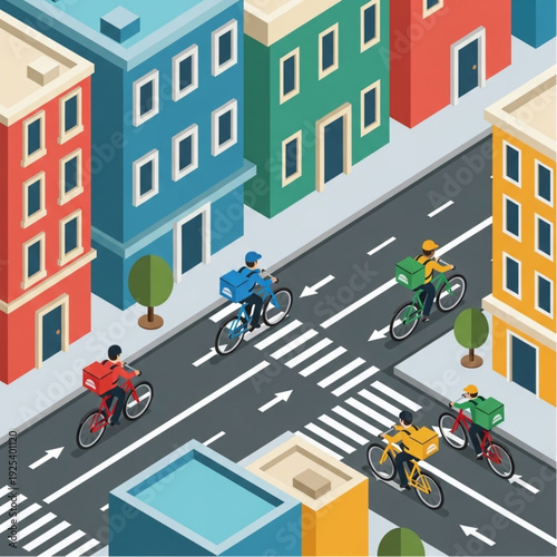 Cyclists riding bicycles on a city street with colorful buildings.