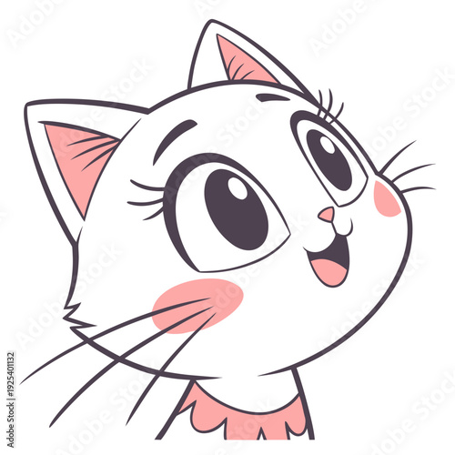 Cute cartoon illustration of a white cat's face with large expressive eyes, pink cheeks and ears, looking upwards